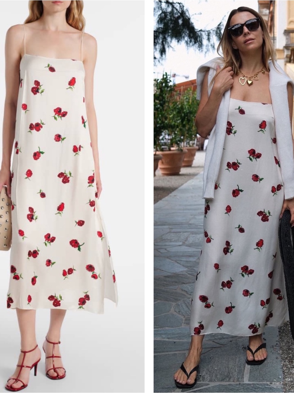 KHAITE Cream Midi Slip Dress with Red Rose Print - Picture 2 of 10